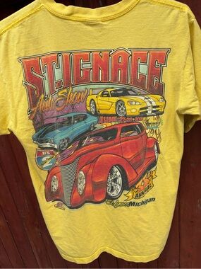 Vintage Anvil Yellow Graphic Tee with Red Logo Accent